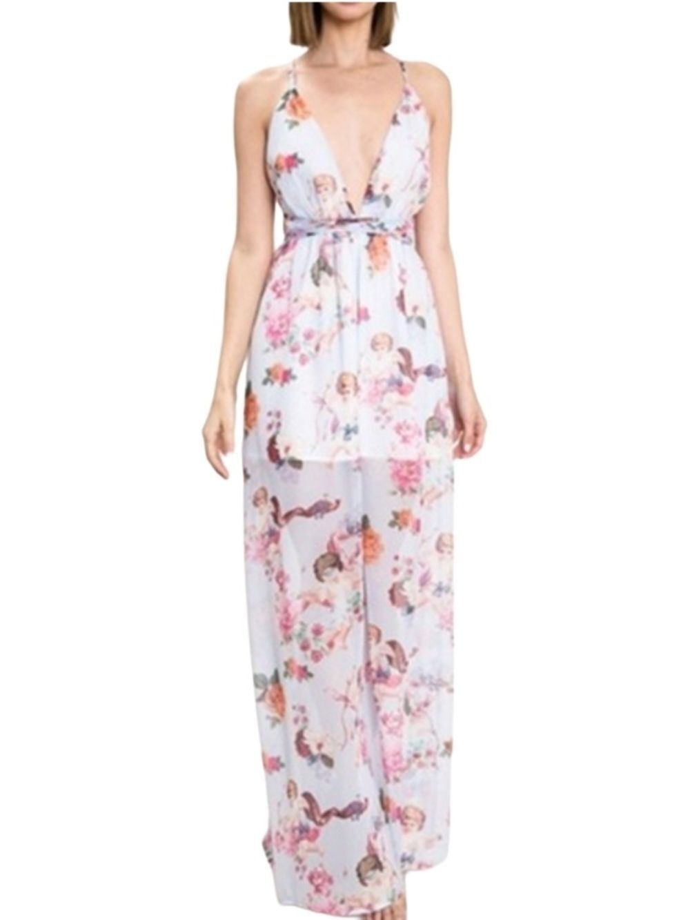 L'atiste by Amy Women White Pink Cupid Angel Plunge Halter Maxi Dress Size Large